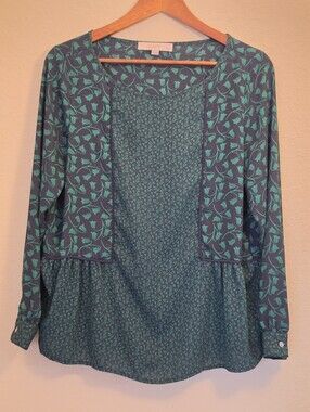 Loft Petite Peasant Tunic Top Womens Medium Petite Navy Blue Green Floral